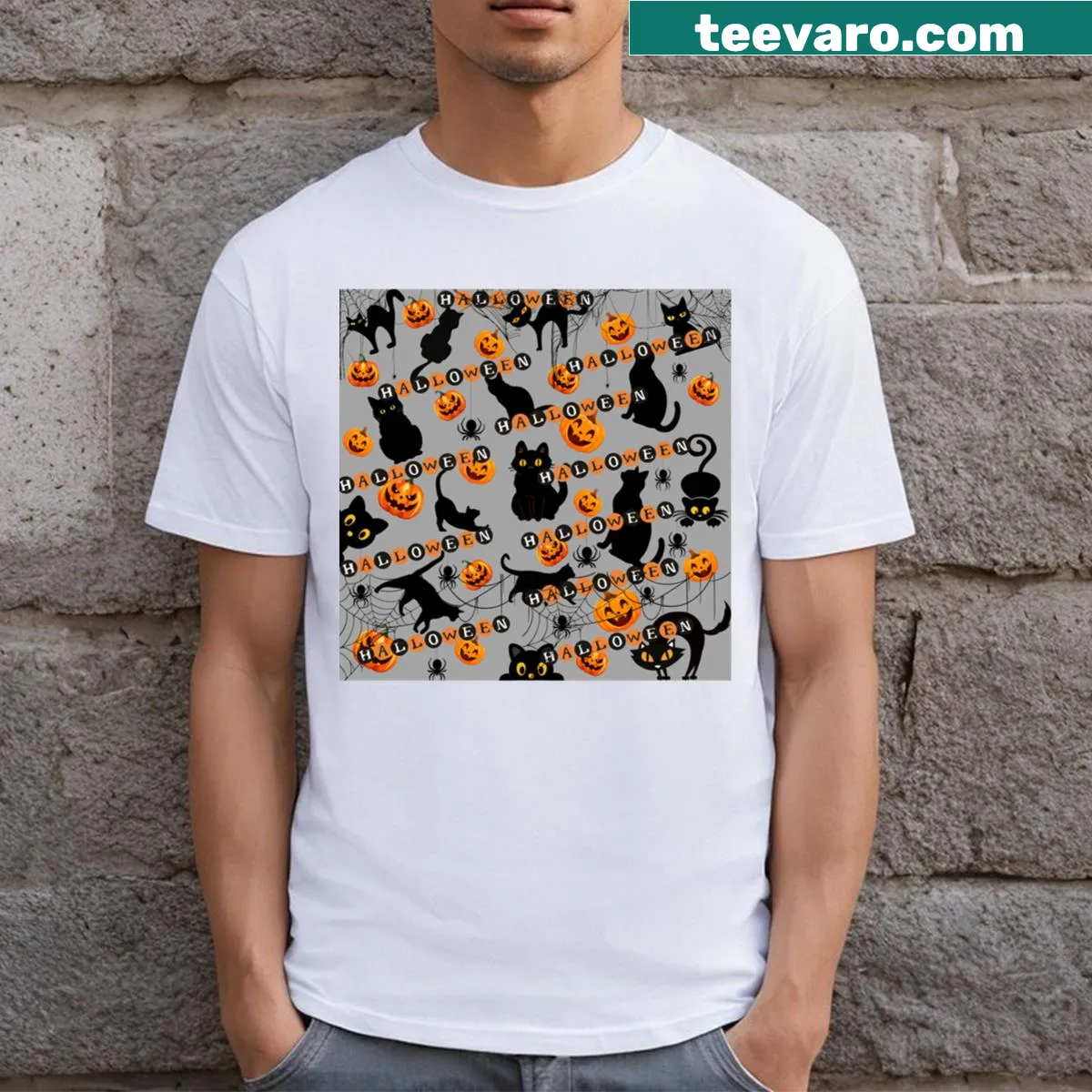 Playful Halloween-themed cat illustration on T-shirt — on a men's t-shirt