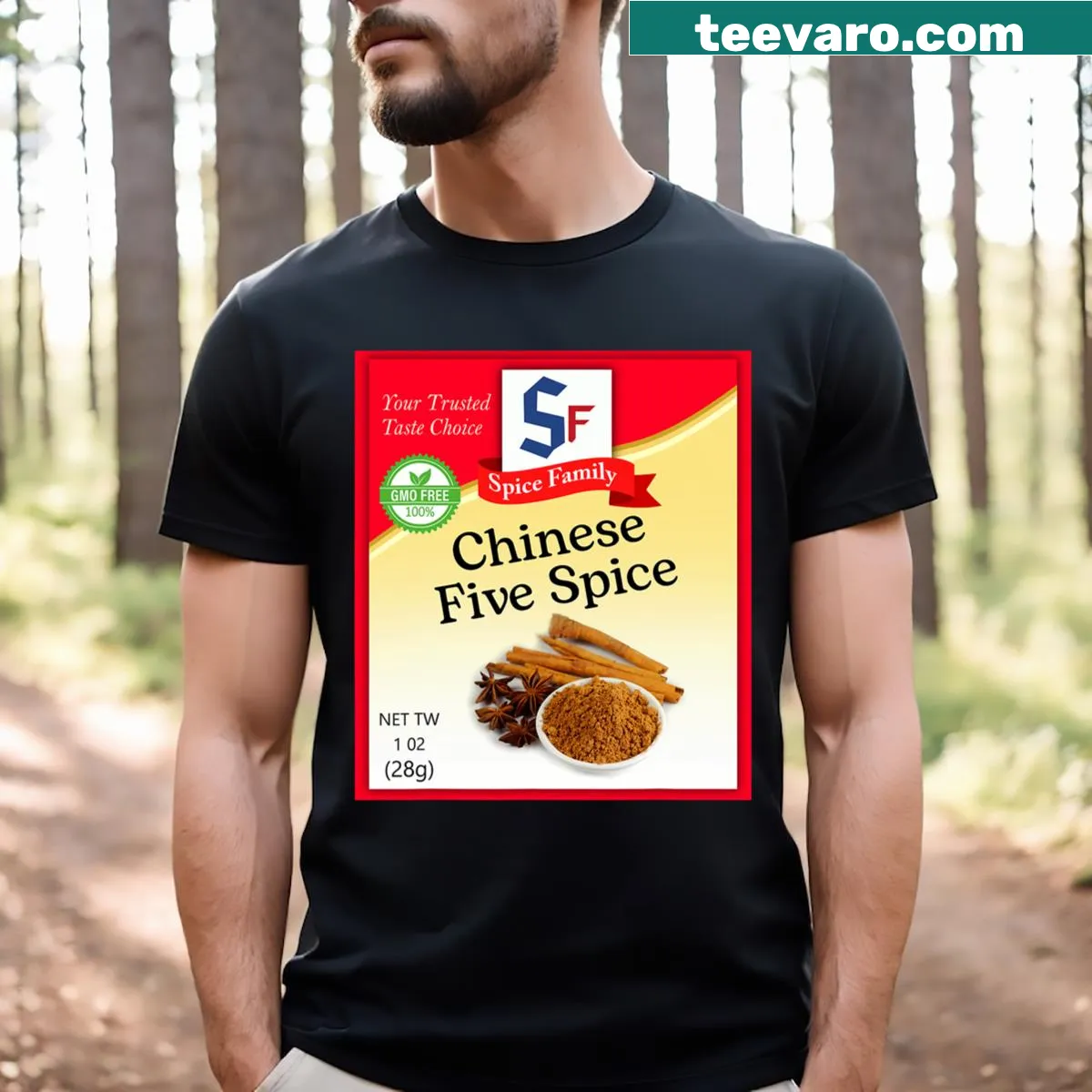 Humorous Chinese five spice graphic on a t-shirt for food lovers — on a men's t-shirt