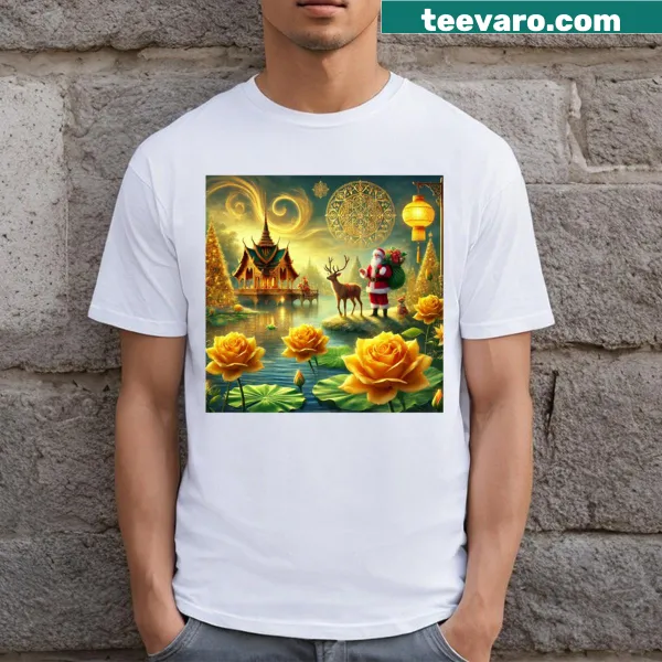 Illustrated t-shirt depicting a Thai fantasy Christmas scene