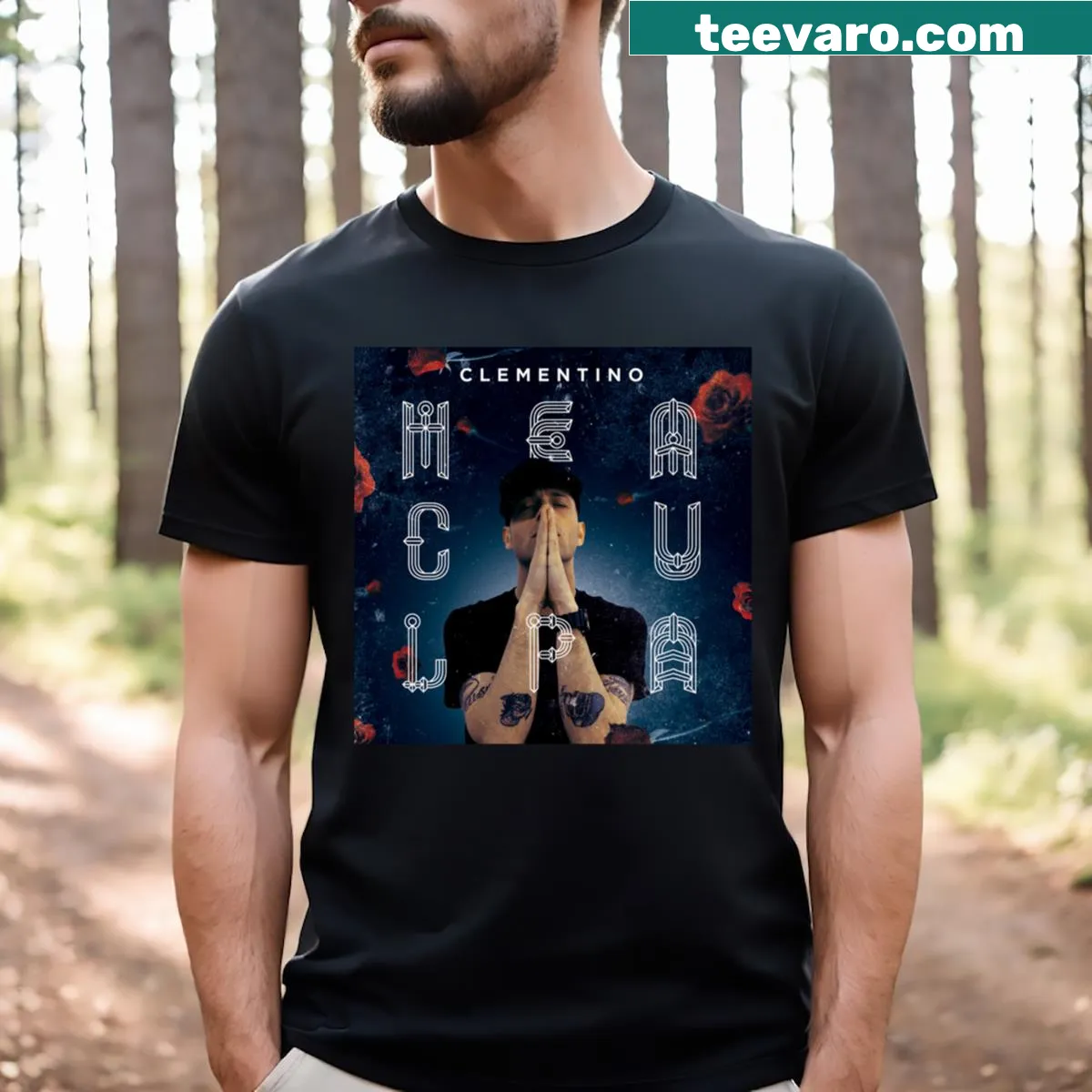 T-shirt featuring design inspired by Clementino's Mea Culpa album — on a men's t-shirt