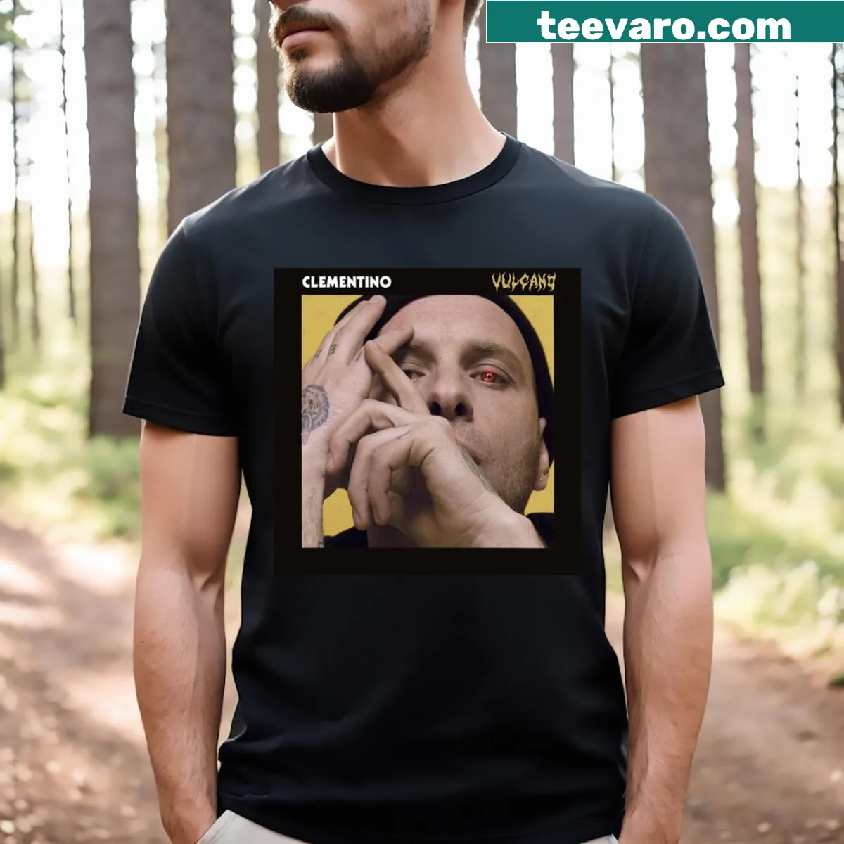 Illustrated T-shirt inspired by Clementino's Vulcano Album — on a men's t-shirt