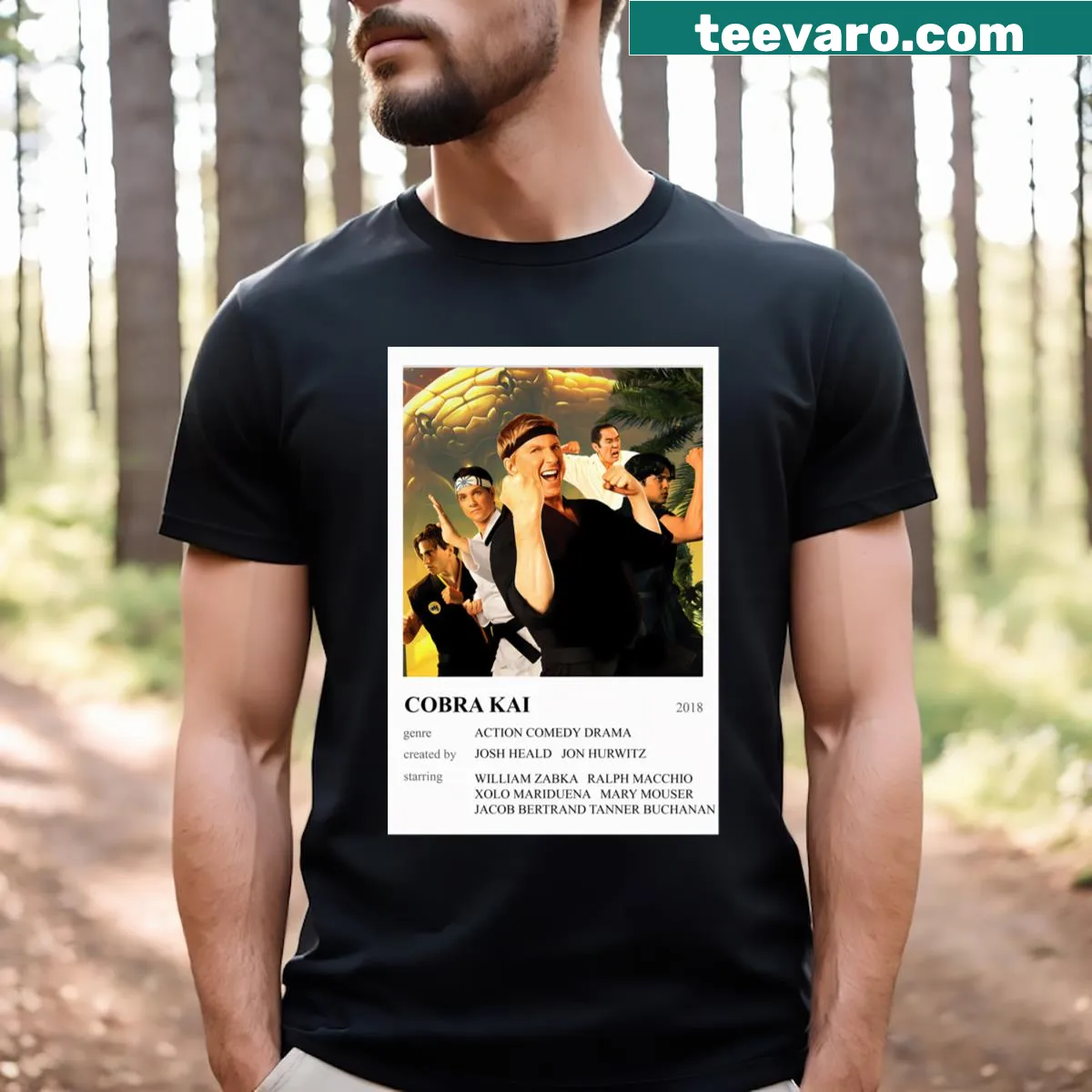 Playful Cobra Kai T-shirt with cartoon-inspired design — on a men's t-shirt