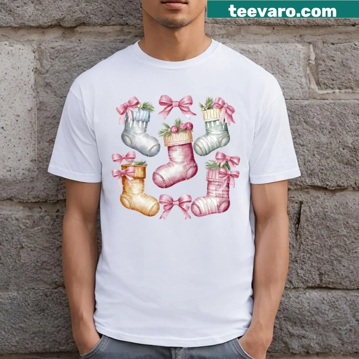 Festive Christmas design featuring a coquette stocking illustration. — on a men's t-shirt