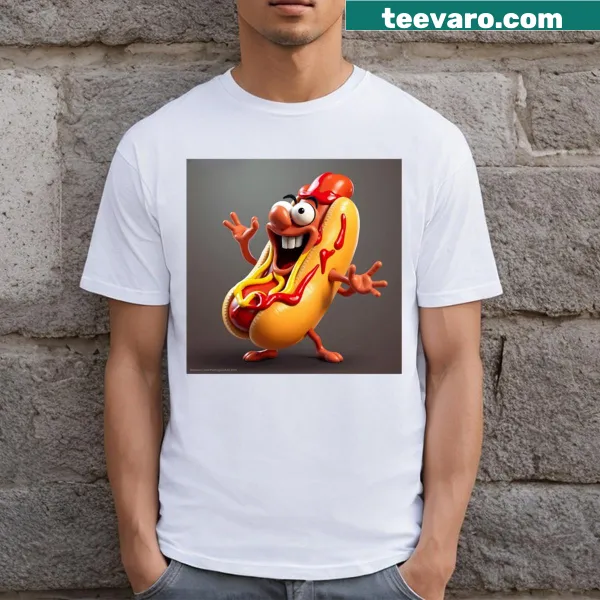 Fun food pattern T-shirt with various culinary treats illustrated.
