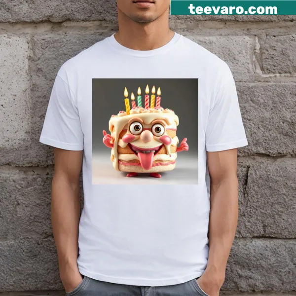 Quirky food pattern T-shirt featuring a variety of fun food items.