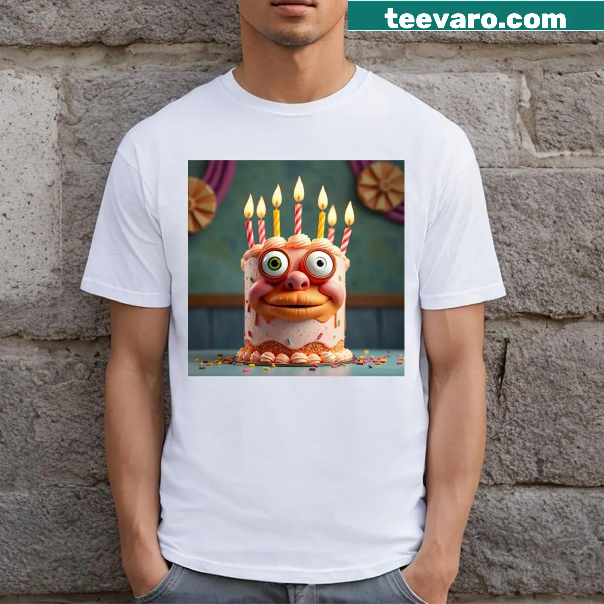 Whimsical food illustration pattern on a T-shirt — on a men's t-shirt