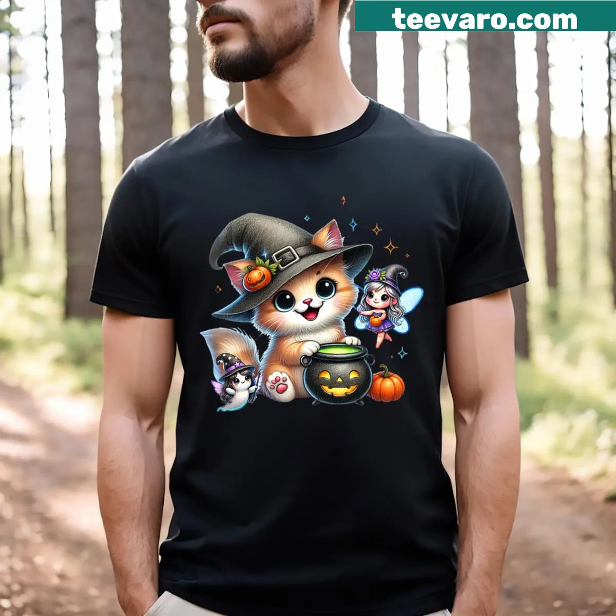 Cute Halloween T-shirt with playful cat, fairy, and ghost design — on a men's t-shirt