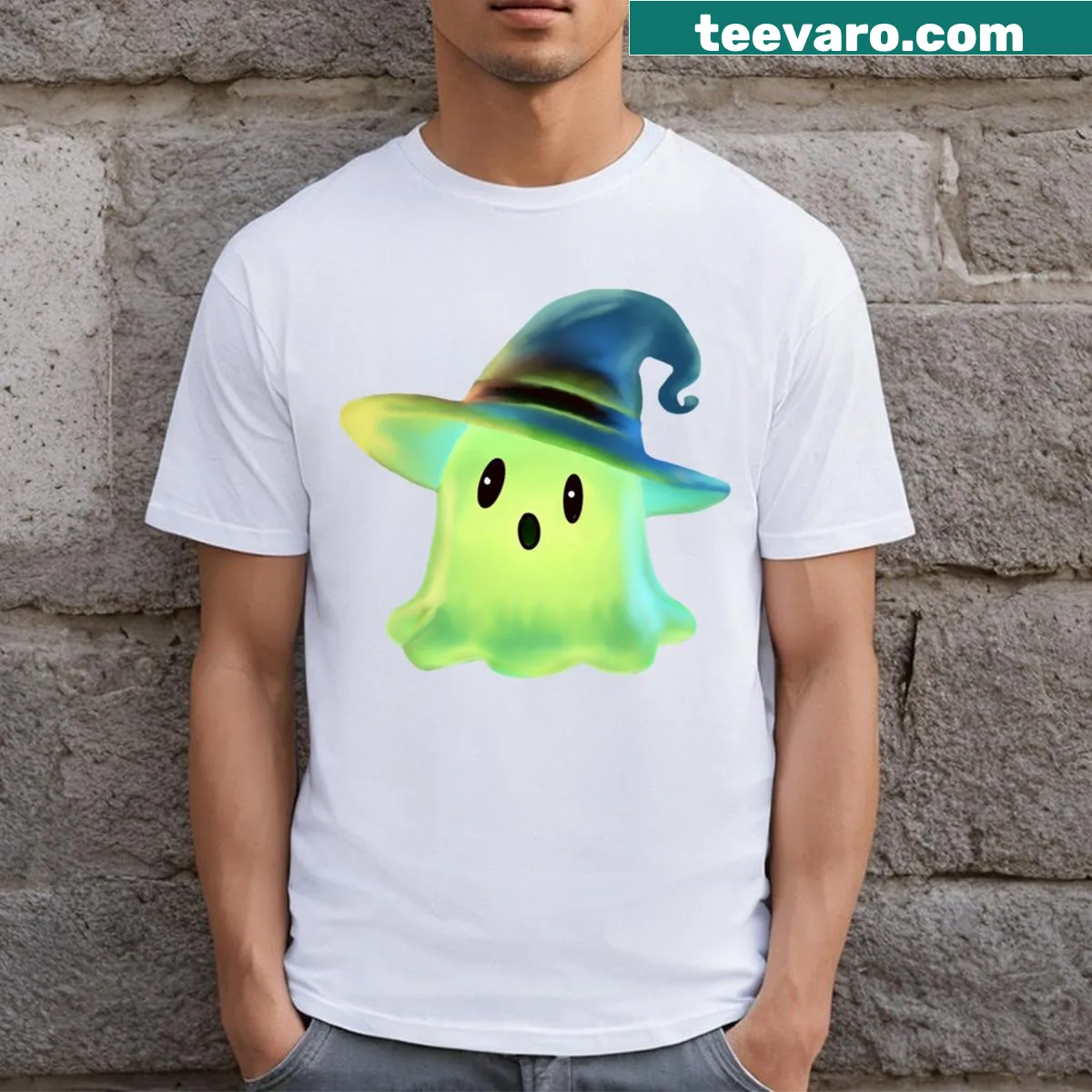 Cute ghost in a wizard hat graphic on a t-shirt — on a men's t-shirt