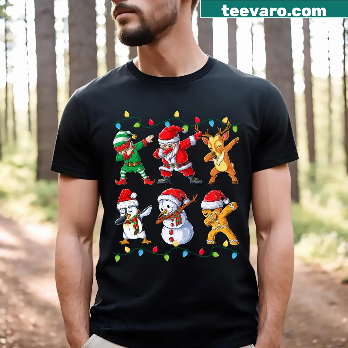 Dabbing Santa and elves graphic for Christmas t-shirt — on a men's t-shirt