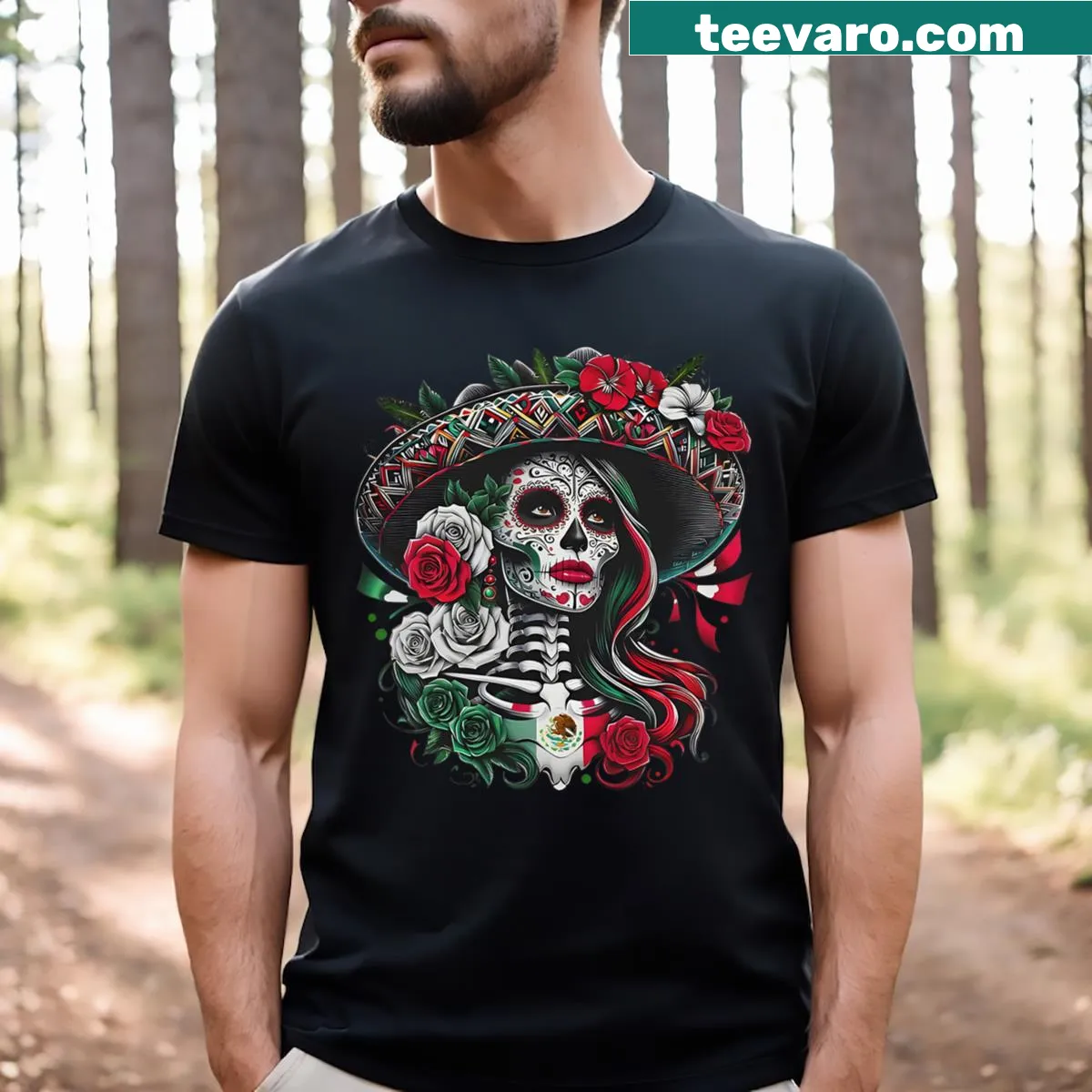 La Catrina sugar skull design for Día de los Muertos T-shirt — on a men's t-shirt
