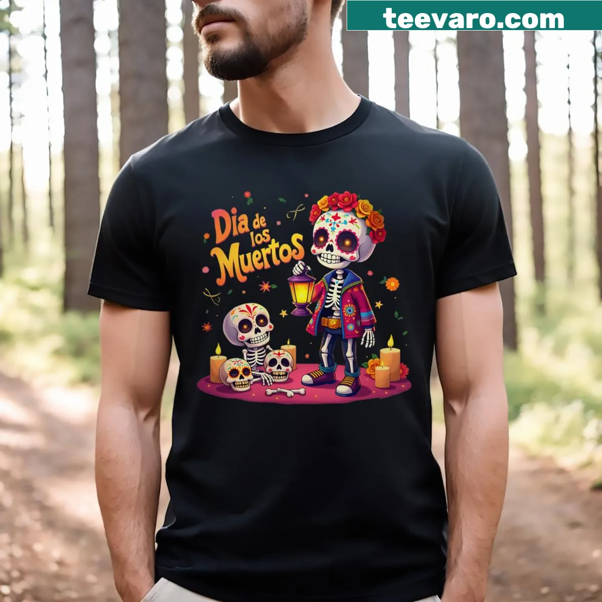 Sugar skull design T-shirt for toddlers celebrating Dia De Los Muertos — on a men's t-shirt