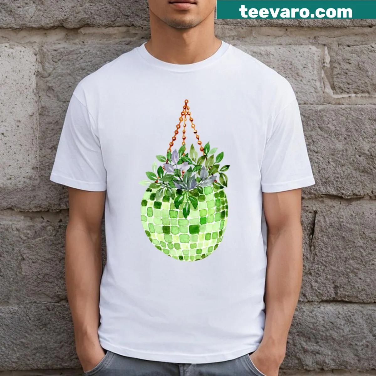 Hand-painted watercolor design of a disco ball planter for a T-shirt — on a men's t-shirt