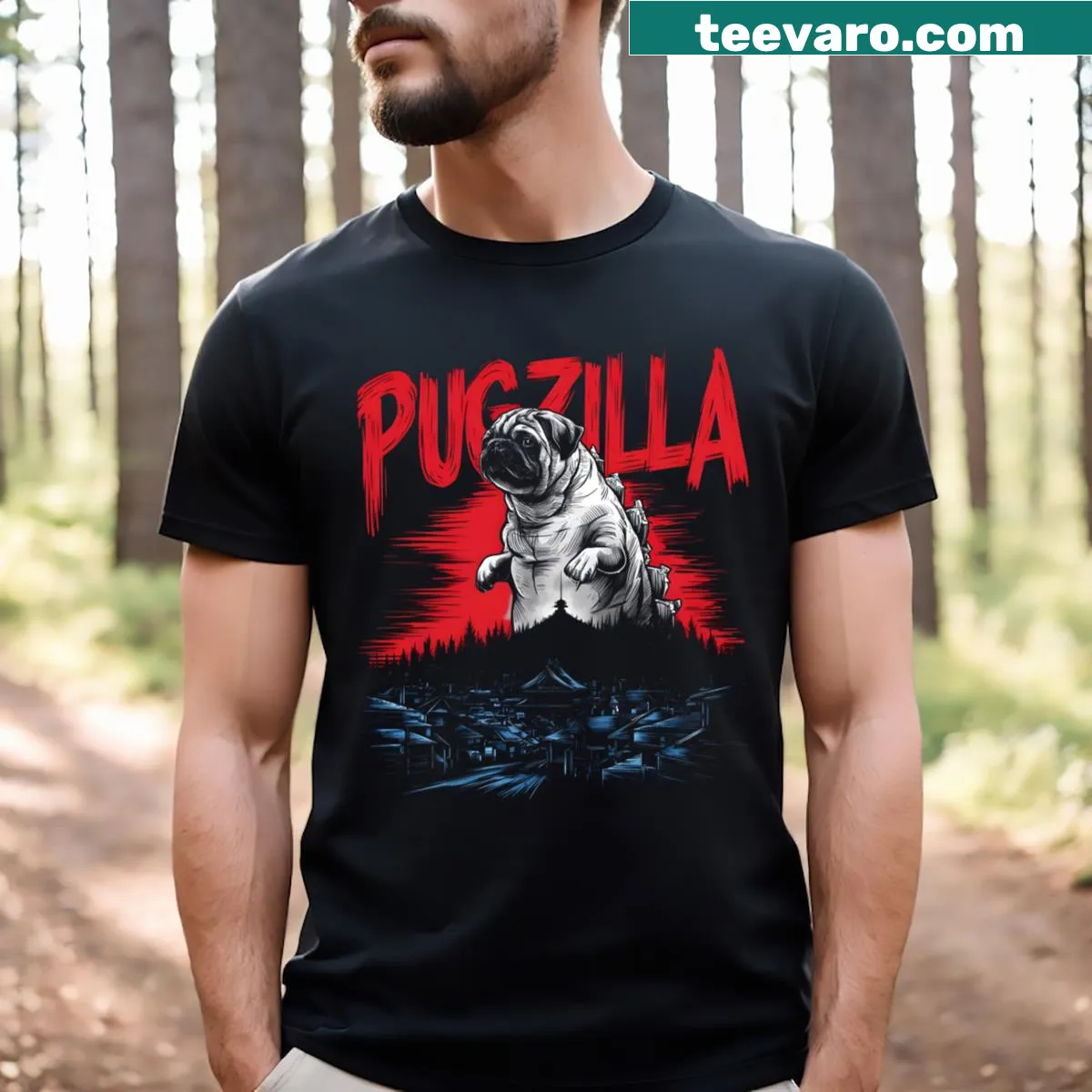 Funny giant pug graphic for a lighthearted T-shirt design — on a men's t-shirt