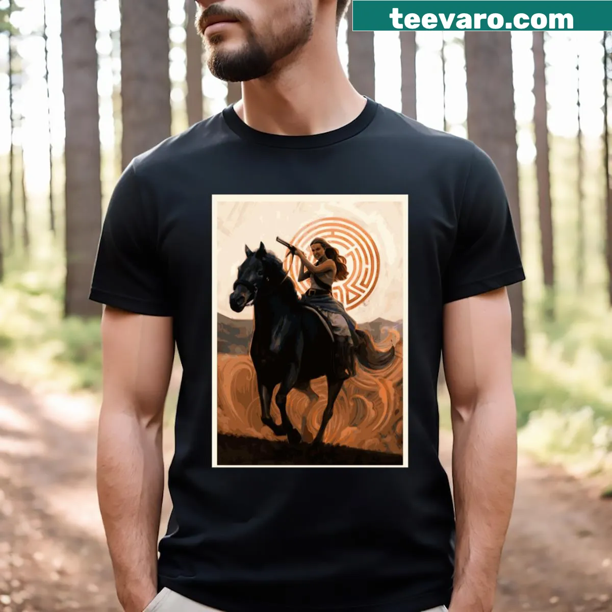 Illustrated T-shirt of Dolores riding a horse from Westworld — on a men's t-shirt