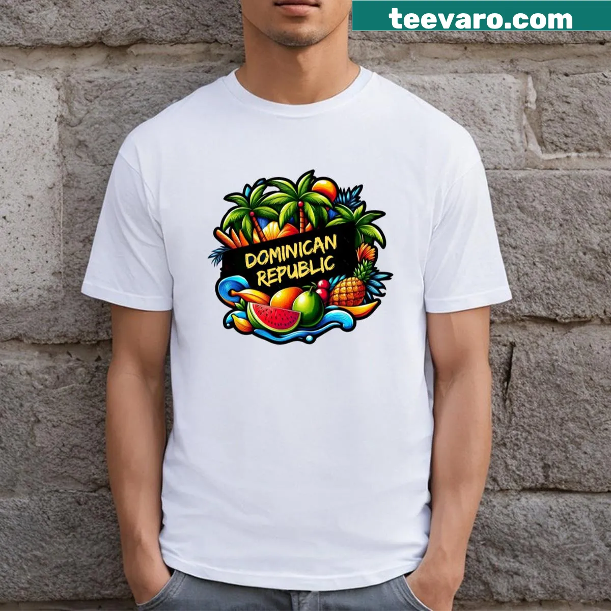 Simple Dominican Republic text graphic T-shirt — on a men's t-shirt