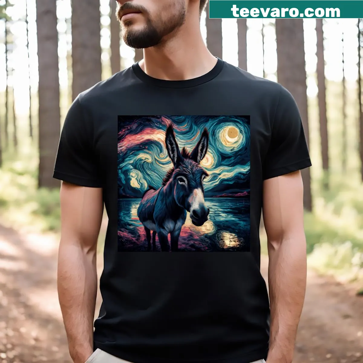 Artistic T-shirt featuring a donkey by a lake under a starry night — on a men's t-shirt