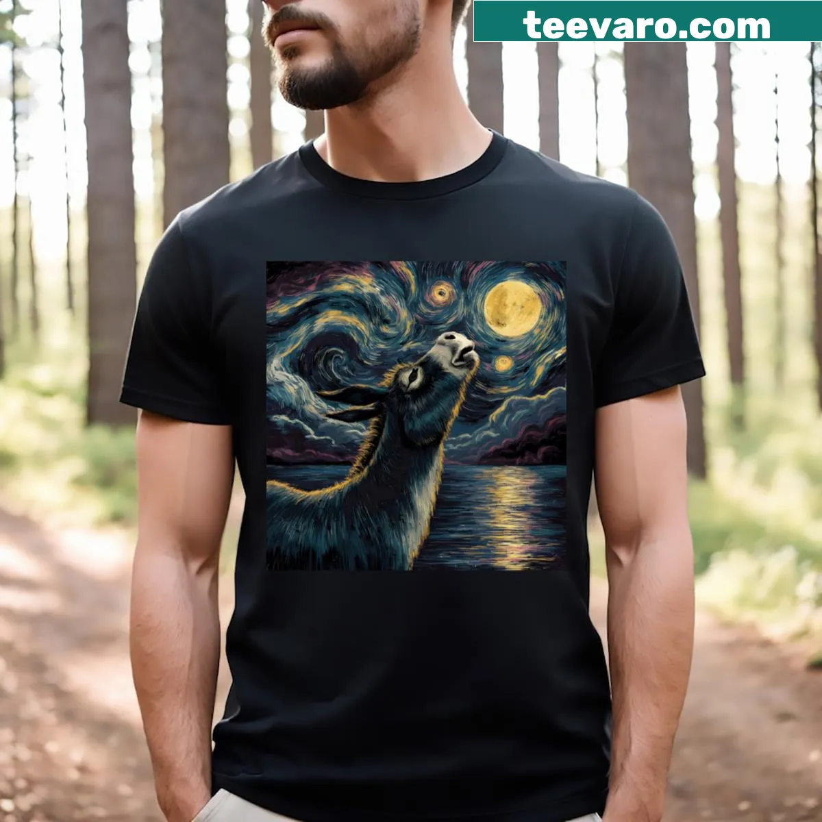 Illustrated T-shirt featuring a donkey howling at the moon in a starry night — on a men's t-shirt