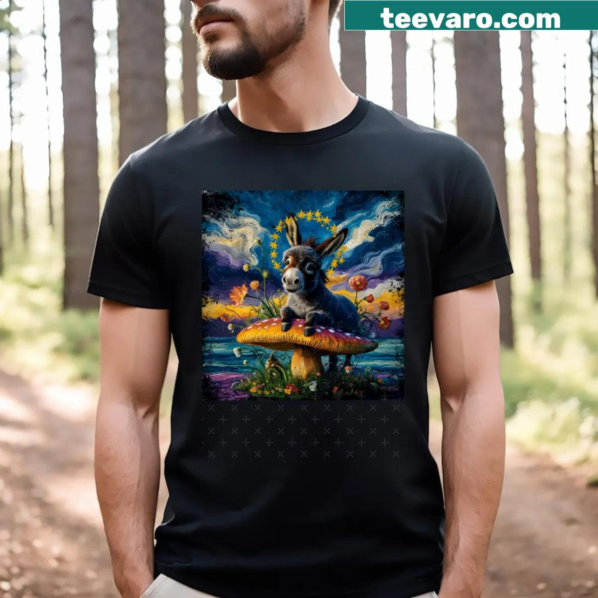 Cottagecore donkey graphic T-shirt with floral design — on a men's t-shirt