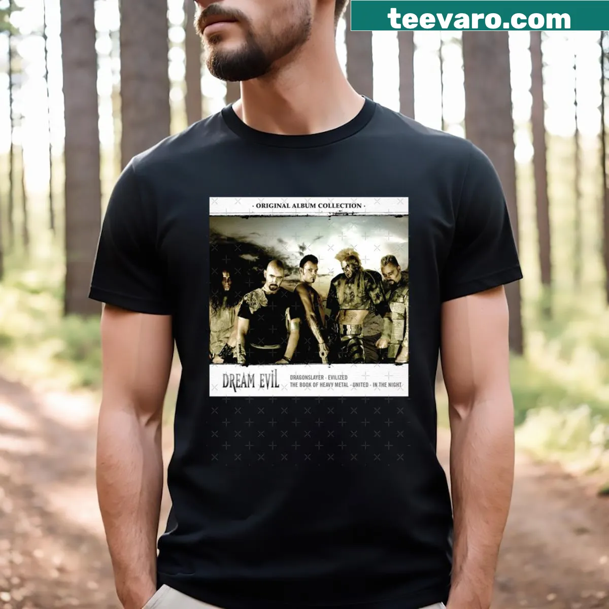 Dream Evil album collection T-shirt with bold typography — on a men's t-shirt