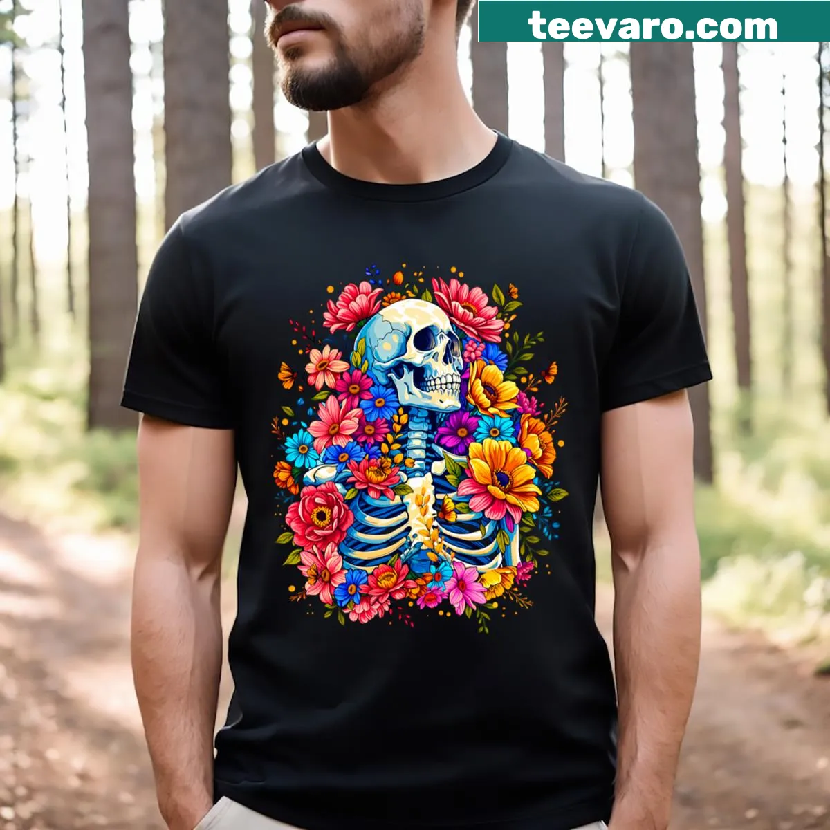 Floral skull design illustrating nature on a T-shirt — on a men's t-shirt