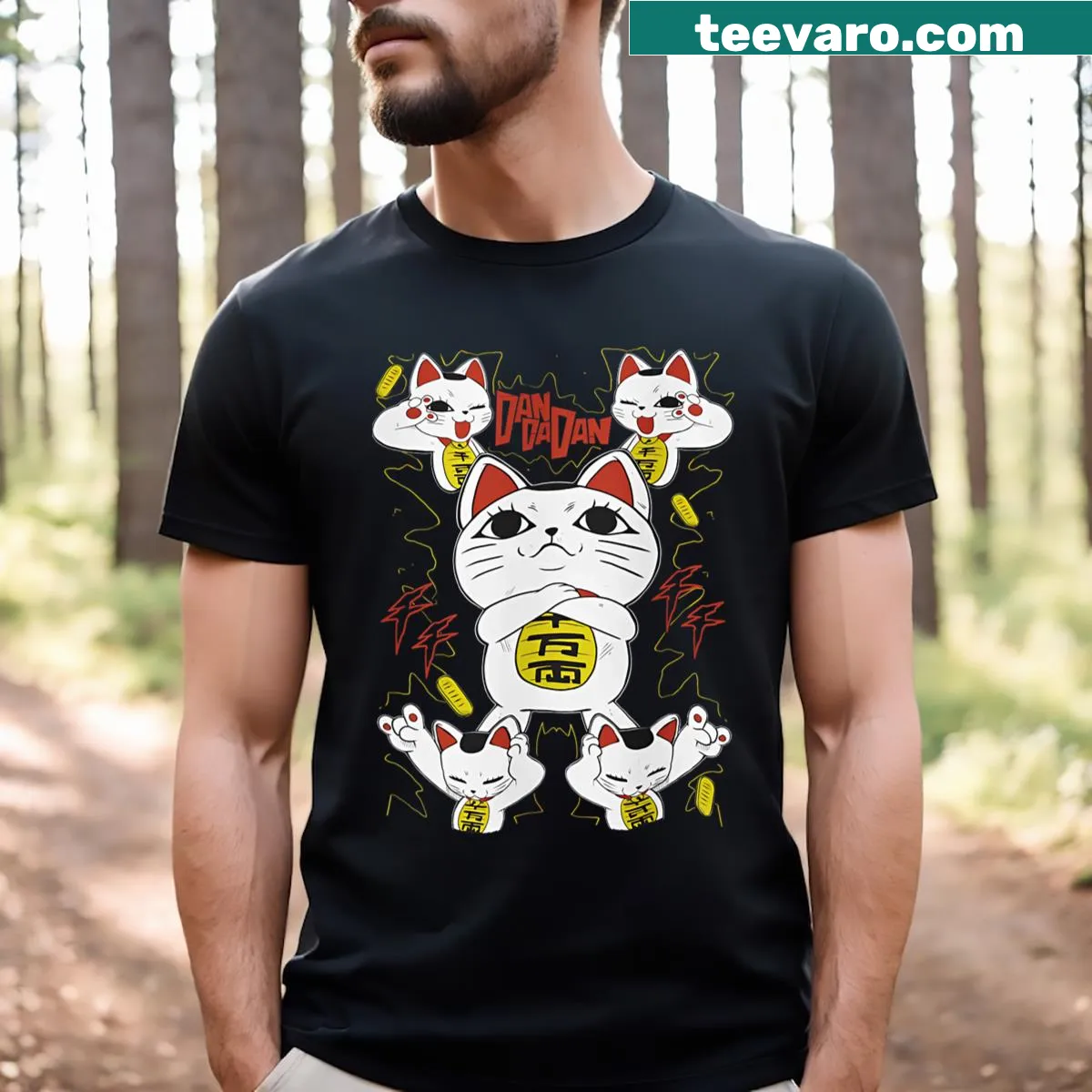 Humorous cat-themed cartoon T-shirt with playful saying — on a men's t-shirt