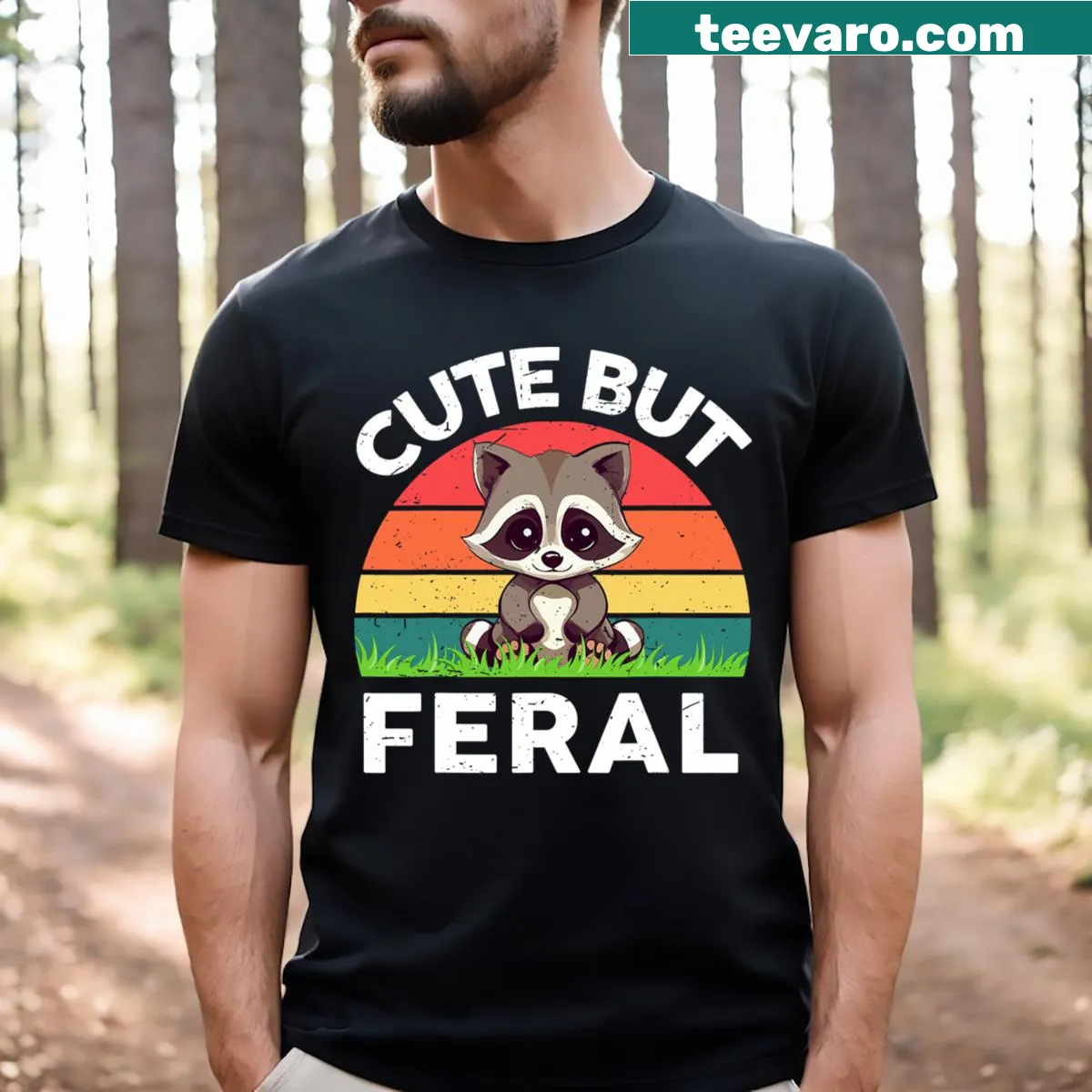 Retro T-shirt for toddlers featuring a raccoon and text: Cute But Feral — on a men's t-shirt