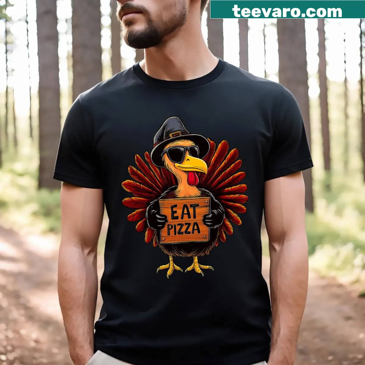 Thanksgiving T-shirt for kids featuring turkey and pizza design — on a men's t-shirt
