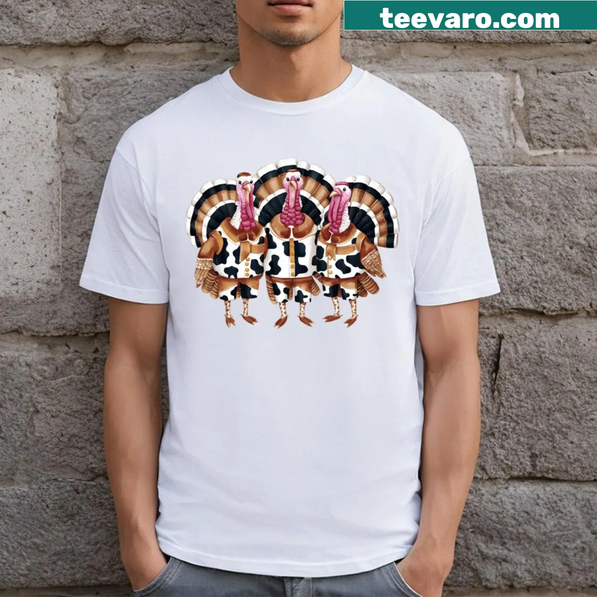 Funny Thanksgiving turkey with cow print design t-shirt — on a men's t-shirt