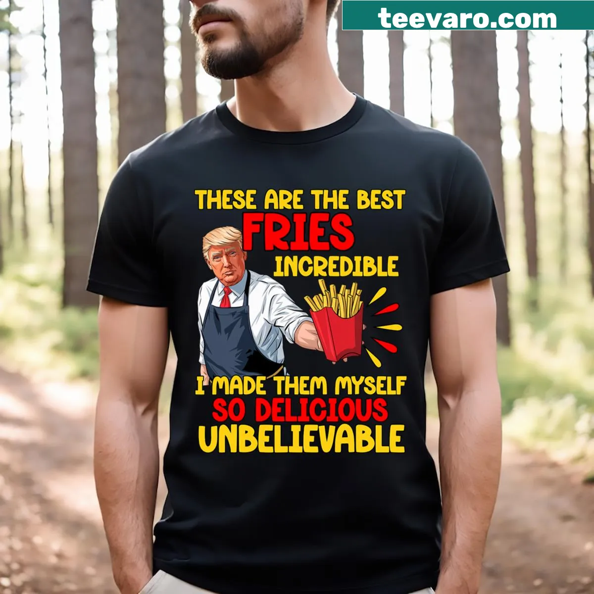 Cartoon burger and fries humor graphic tee for election season — on a men's t-shirt