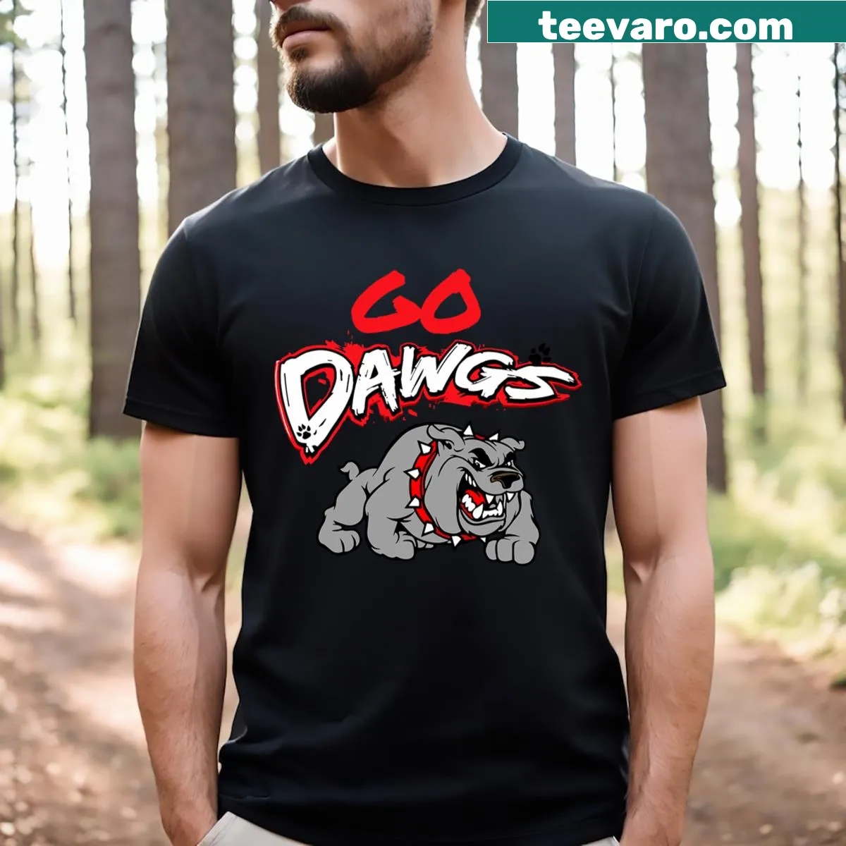 Typography T-shirt featuring the phrase 'Go Dawgs' for Bulldogs fans — on a men's t-shirt