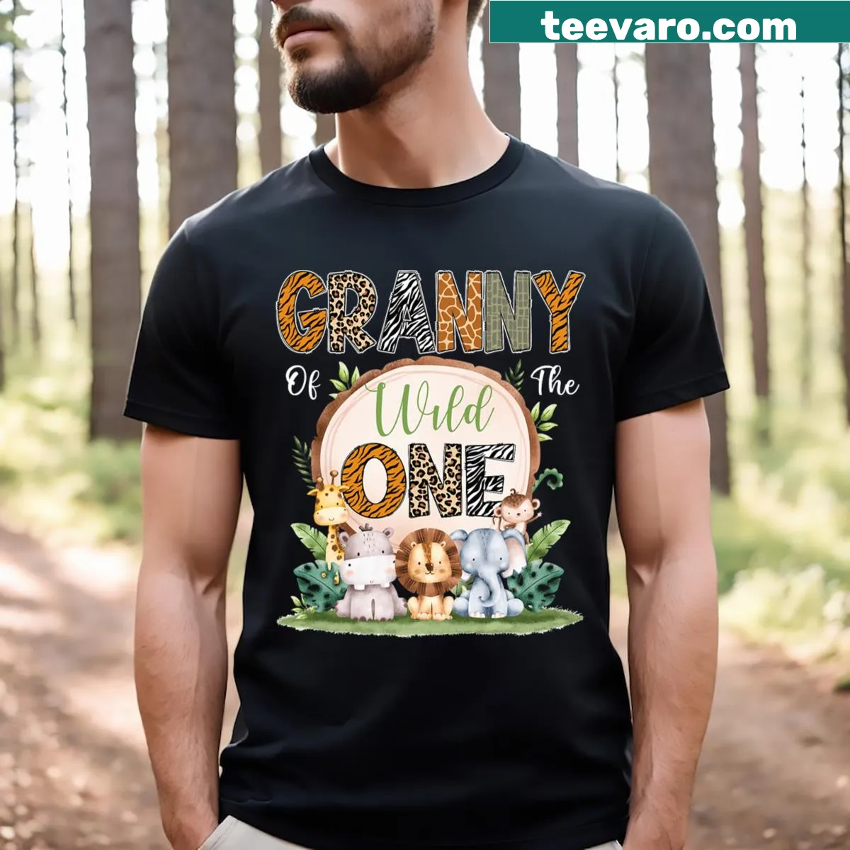 Safari themed Granny Of The Wild One birthday t-shirt — on a men's t-shirt