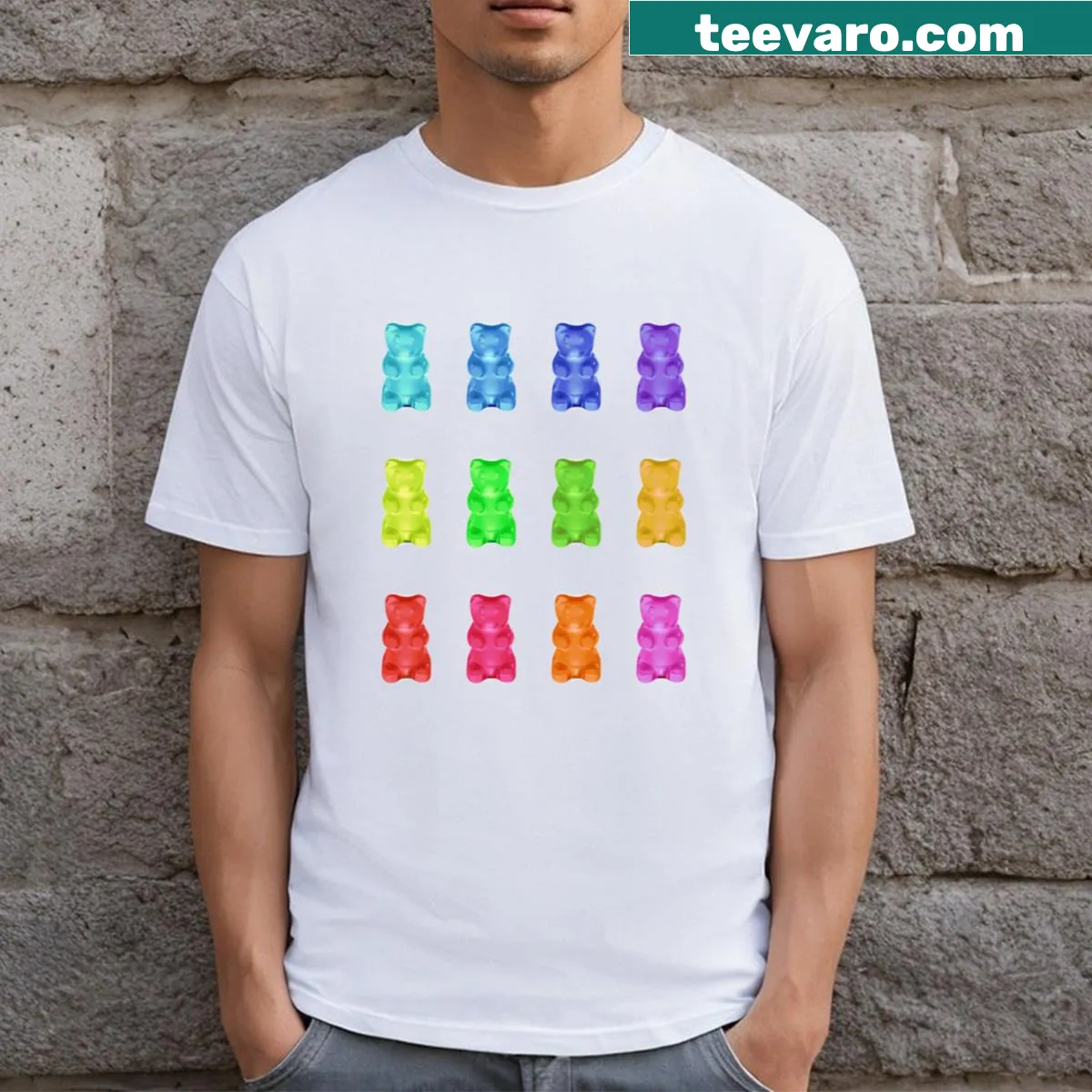 Cartoon graphic of gummy bears on a t-shirt — on a men's t-shirt