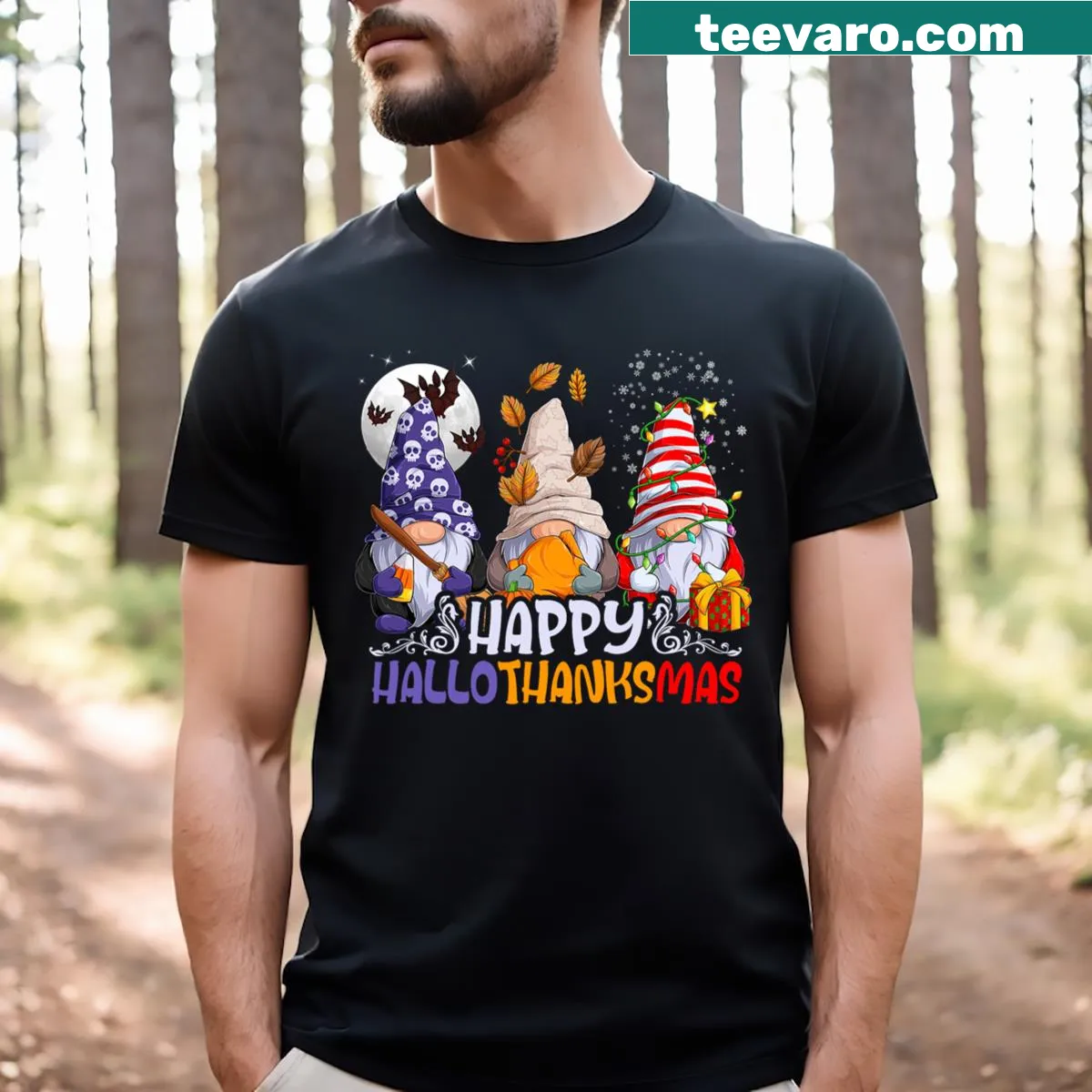 Cute gnome illustrations for Halloween, Thanksgiving, and Christmas — on a men's t-shirt