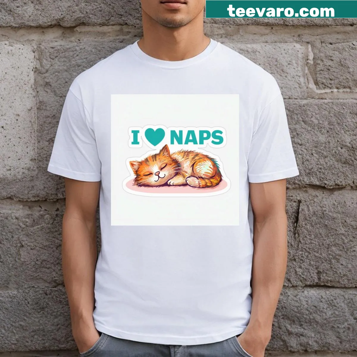 Cute sleeping cat illustration t-shirt for nap lovers — on a men's t-shirt