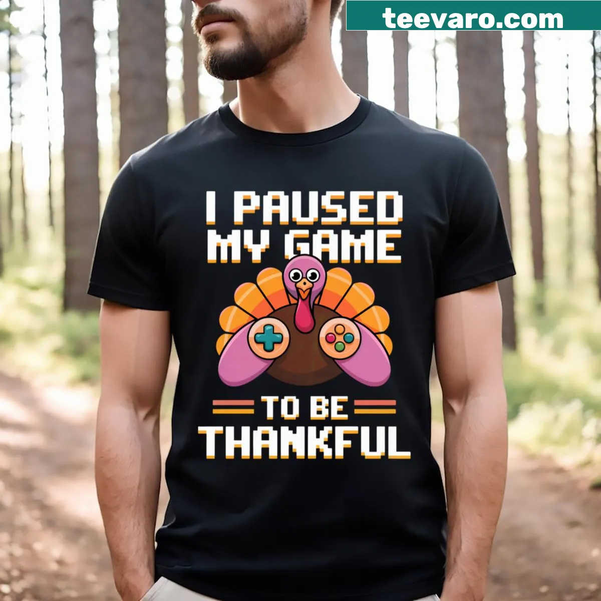 Funny Thanksgiving shirt with turkey and game controller illustration — on a men's t-shirt