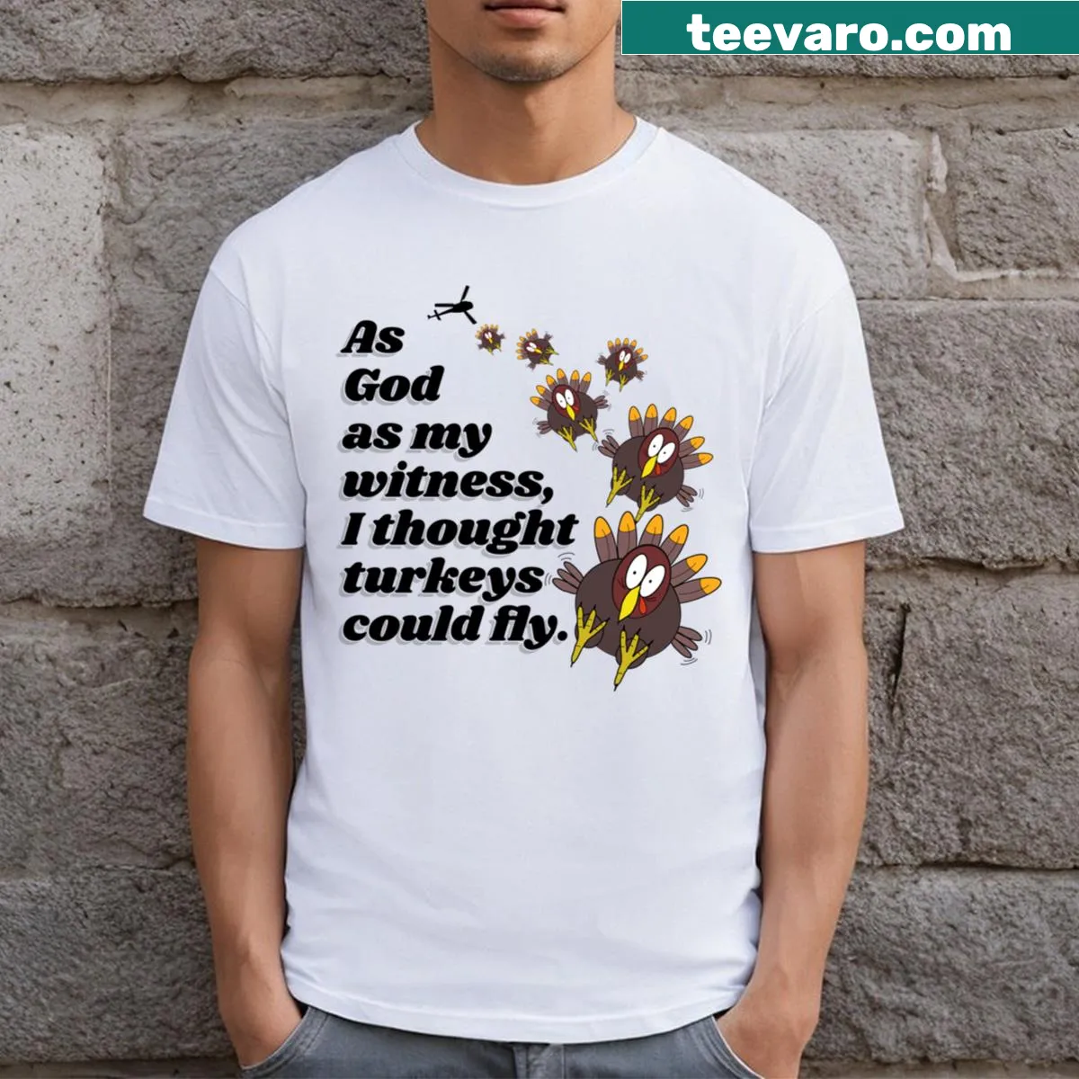 Whimsical t-shirt about turkeys and their flying ability — on a men's t-shirt