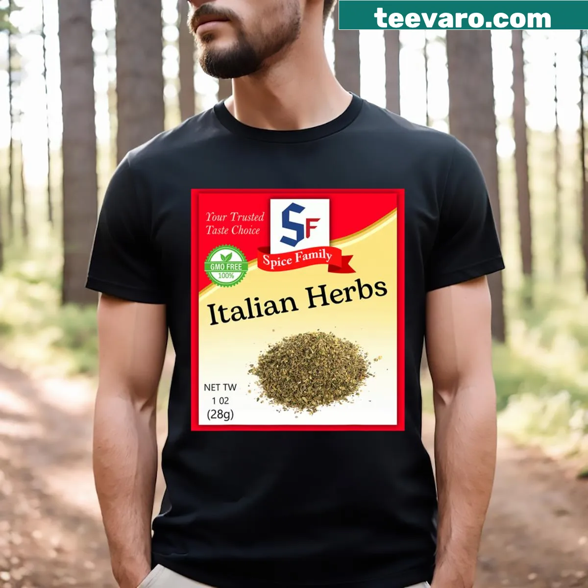 Cartoon-style t-shirt featuring Italian herbs for a condiment costume — on a men's t-shirt