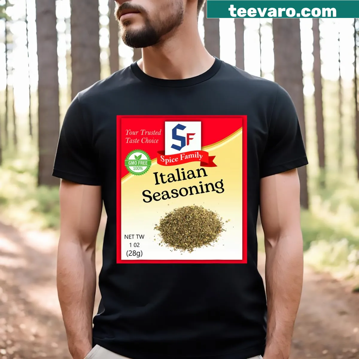 Cartoon-style t-shirt featuring Italian seasonings for a condiment costume — on a men's t-shirt