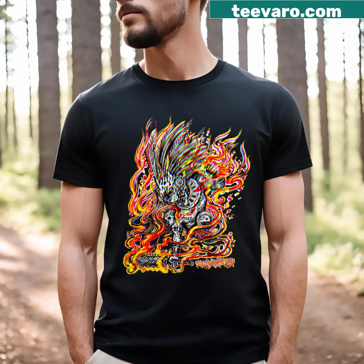 3D jaguar warrior graphic T-shirt with a fiery design — on a men's t-shirt