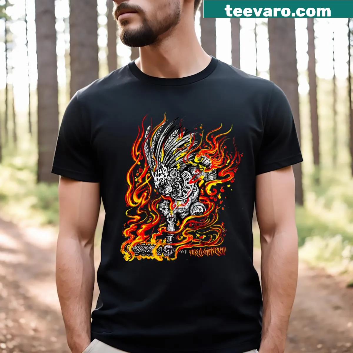 Graphic t-shirt featuring a jaguar warrior ready for battle — on a men's t-shirt