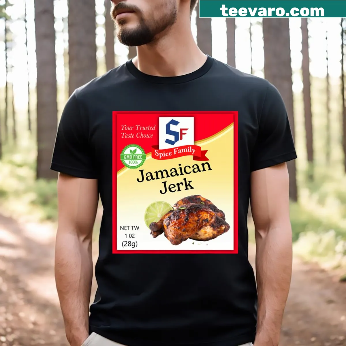 Humorous Jamaican jerk condiment illustration on T-shirt — on a men's t-shirt
