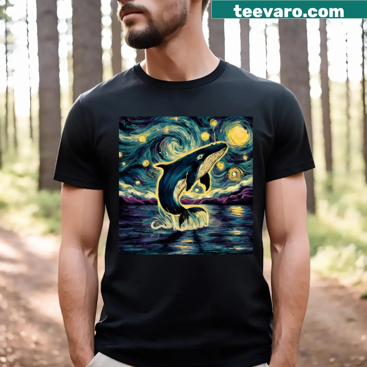 Artistic graphic of a killer whale against a starry night background on T-shirt — on a men's t-shirt
