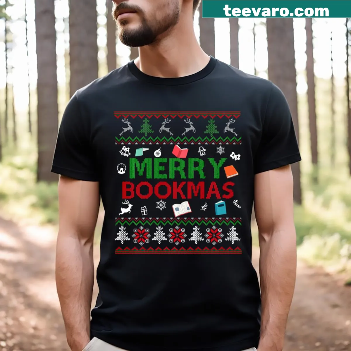 Ugly sweater style Christmas design with books on a T-shirt — on a men's t-shirt
