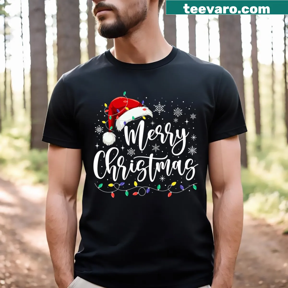Merry Christmas Lights T-shirt with Santa hat and lights — on a men's t-shirt