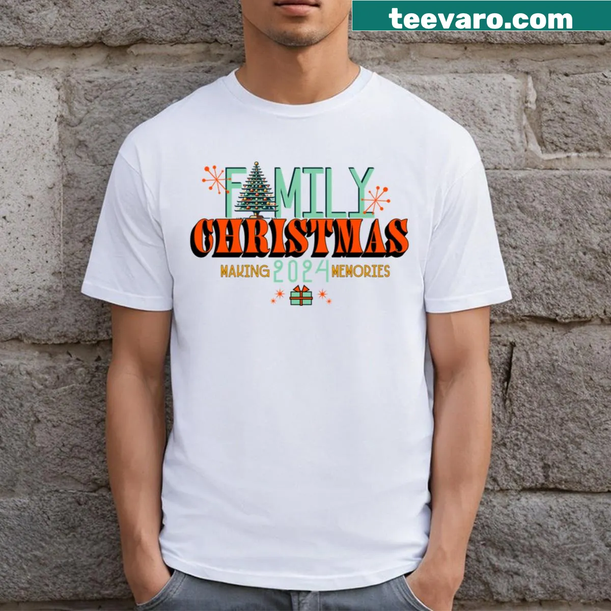 Vintage-style T-shirt celebrating Mid Century Family Christmas 2024 — on a men's t-shirt