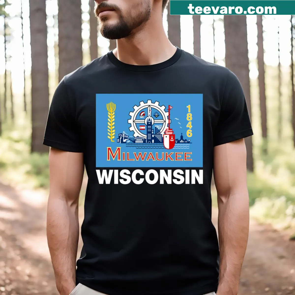 T-shirt featuring an illustration of Milwaukee, Wisconsin landmarks — on a men's t-shirt