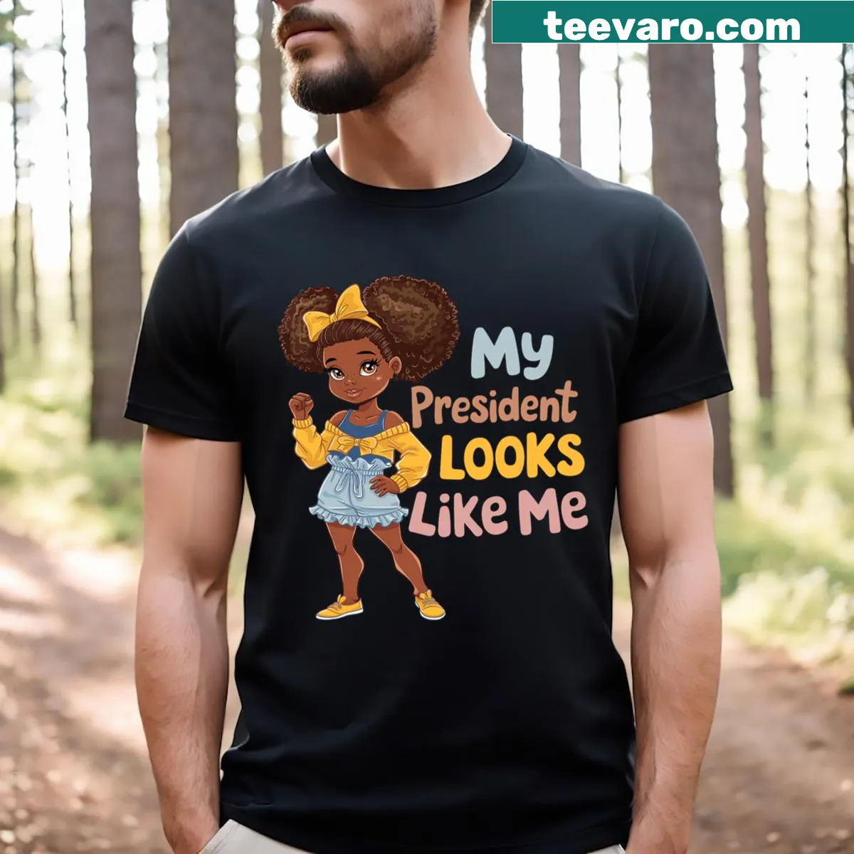 Empowering Kids T-shirt featuring Afro girl and proud message — on a men's t-shirt