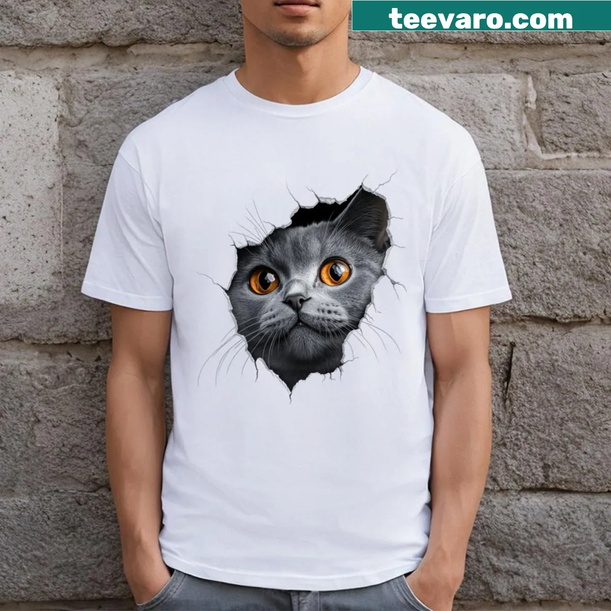 Cute cat graphic T-shirt with a mysterious vibe — on a men's t-shirt