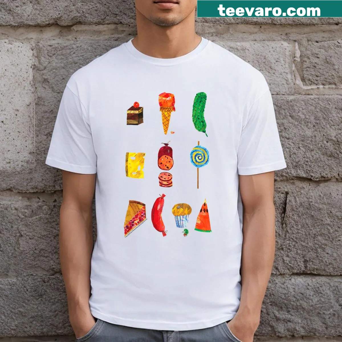Whimsical Party Food Caterpillar t-shirt design — on a men's t-shirt
