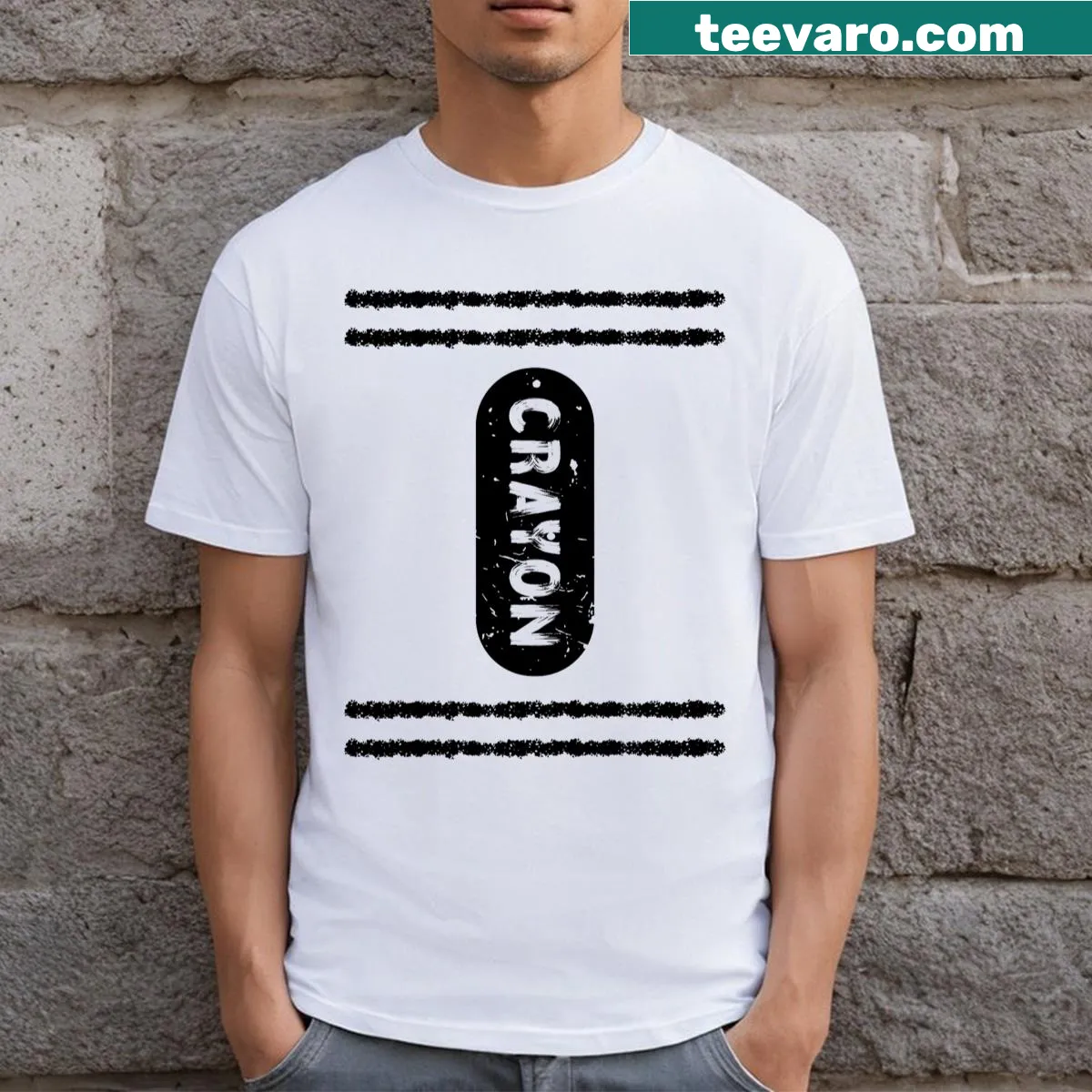 Cartoon-style T-shirt featuring a crayon box design for Halloween — on a men's t-shirt